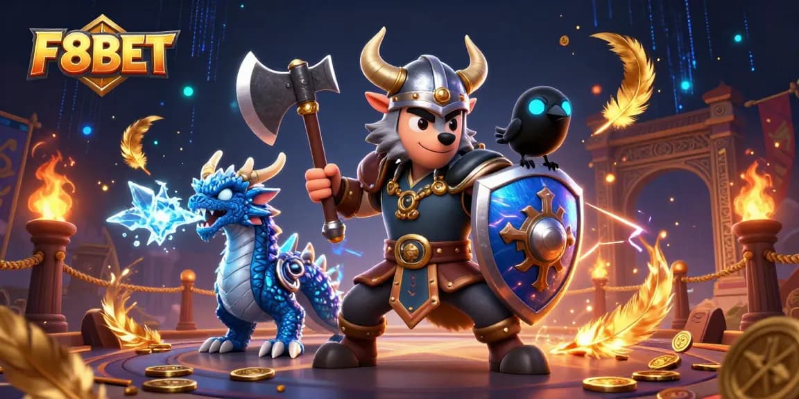 F8BET Viking wolf warrior fights in an engaging online casino scene with dragons and tokens.