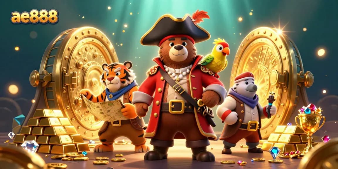 Experience ae888's thrilling gaming adventure with our pirate-themed casino illustration featuring treasure and camaraderie.