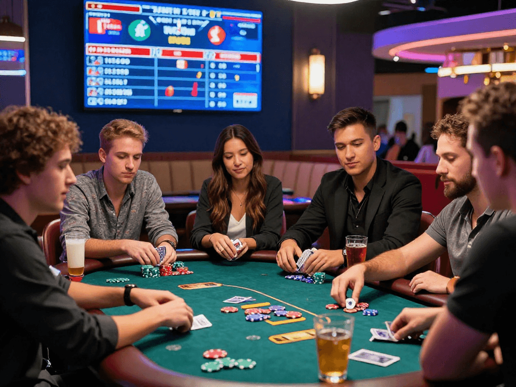 Friends enjoying poker at http://oxbet-app.com casino table with vibrant ambiance.