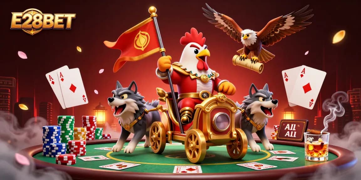 E28BET promotes dynamic gameplay with a rooster warlord scene in a vibrant casino setting