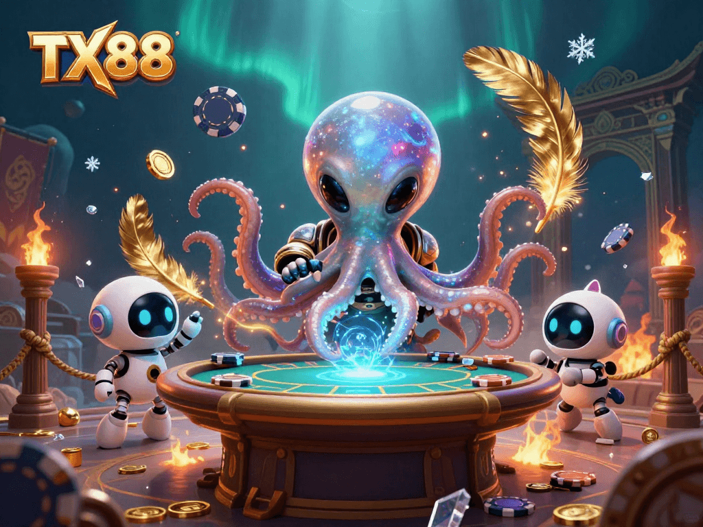 TX88 poker table scene with an alien octopus and robot, vibrant casino atmosphere.