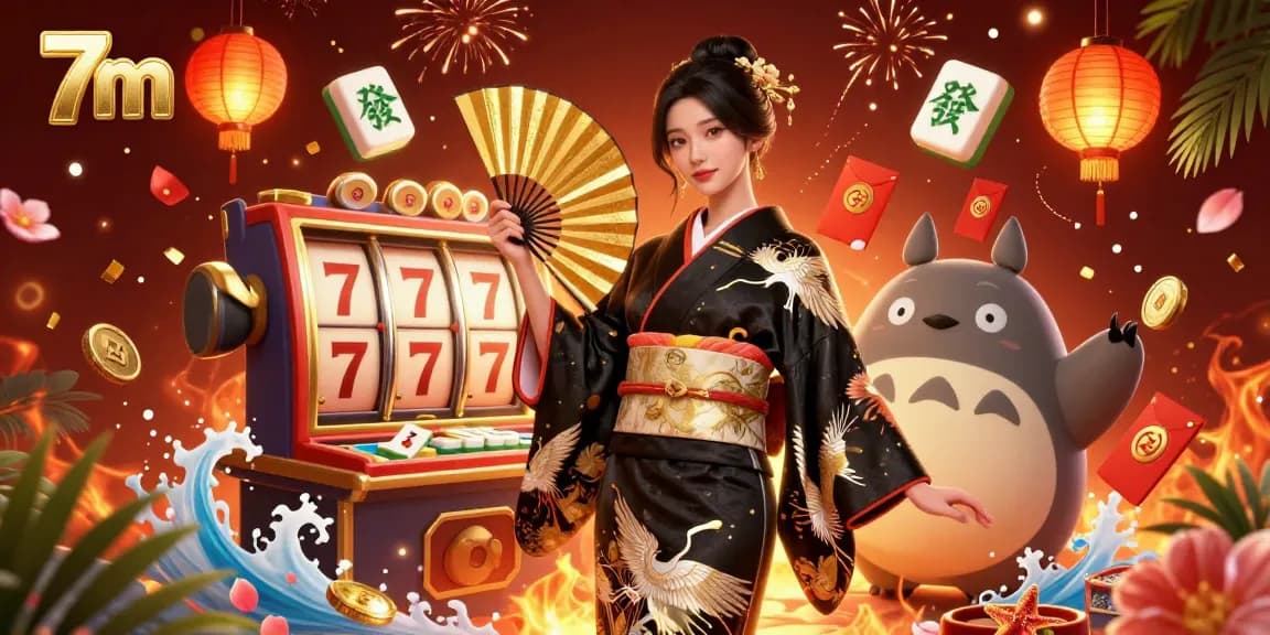 Spin the vibrant slot reels alongside the 7m-themed Asian woman and her cartoon tanuki companion in a rich casino scene.