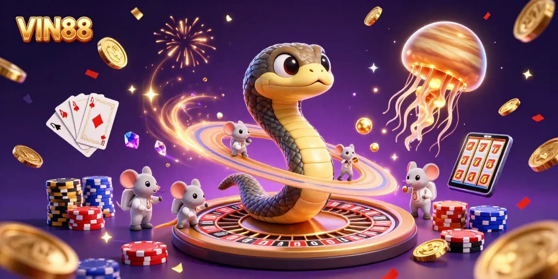 Experience the thrill of winning at VIN88 with an exciting cosmic casino scene featuring vibrant characters and game elements.