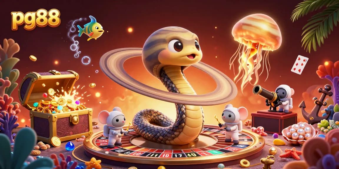 Engage with pg88's 3D cosmic gaming scene featuring a roulette wheel and astronaut mice.