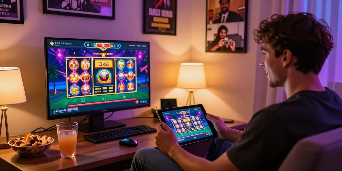Excited player engaging with KO66 online casino interface, vibrant gaming atmosphere, live dealer game on tablet.