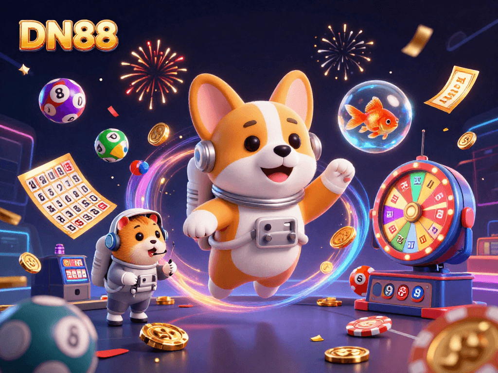 Experience the excitement of DN88 with our 3D casino illustration featuring vibrant characters and dynamic game elements.