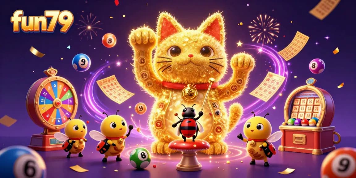 fun79 showcases a vibrant casino experience with fireworks and a lucky cat made of fireflies.