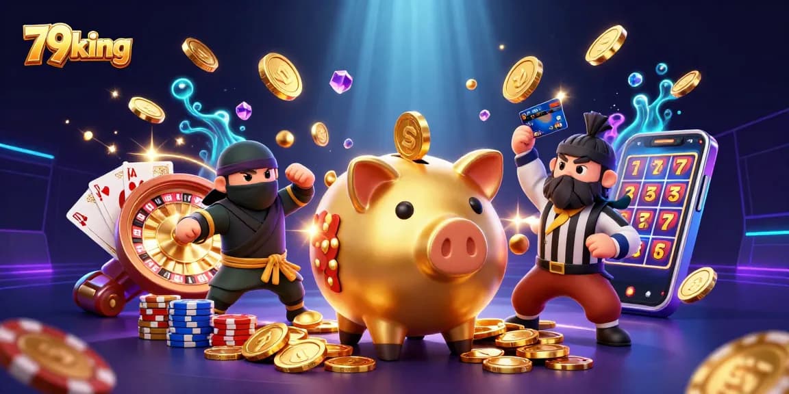 Engaging scene of 79king with a golden sumo wrestler and ninja amidst dynamic casino elements bursting with action.