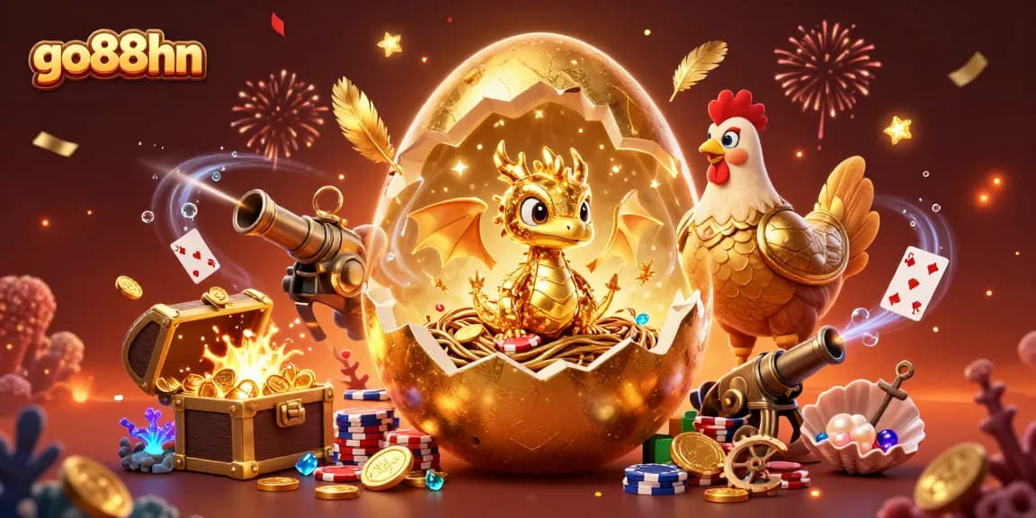 Experience excitement at go88hn with stunning golden dragon and poker chips illustration.