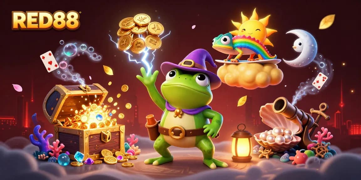 Engage with RED88's thrilling games as the weather wizard frog conjures golden coins amidst vibrant casino elements.