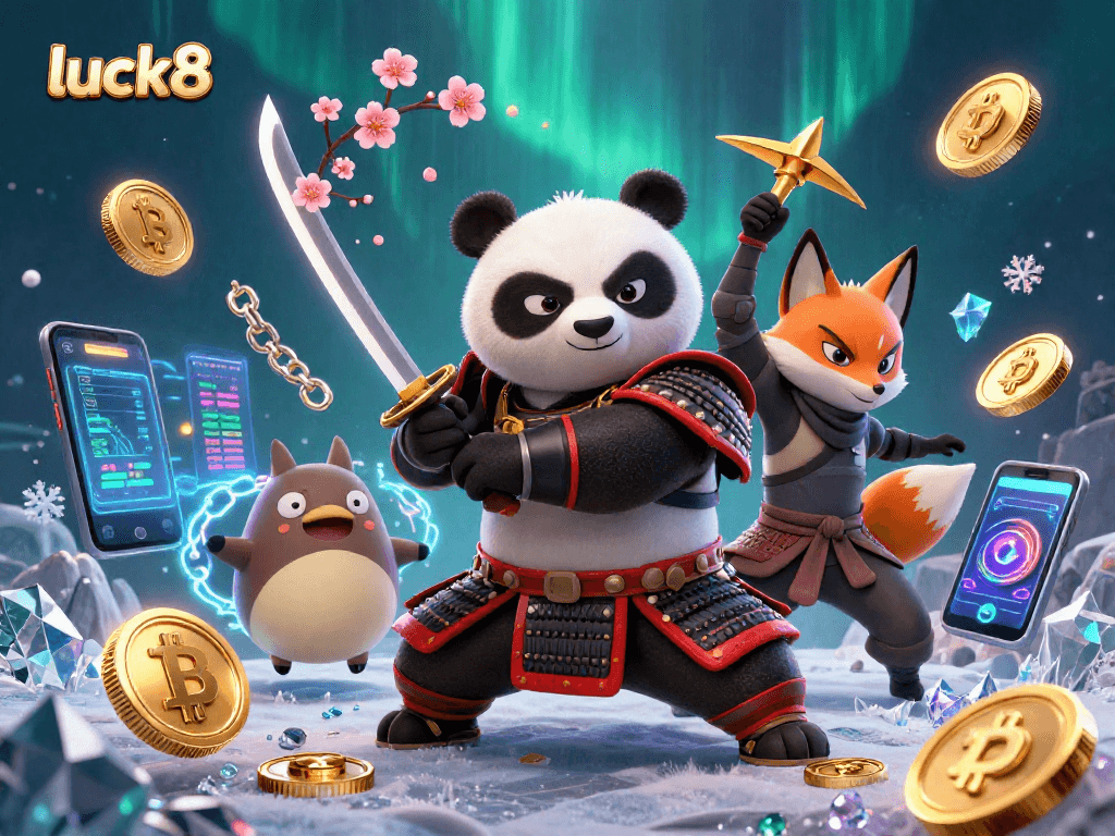 Engage with luck8's thrilling gaming experience, featuring captivating characters amidst dynamic casino elements.