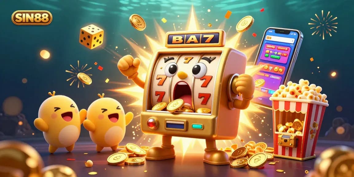 SIN88 slot machine hitting a jackpot surrounded by cheering mini machines and golden coins flying