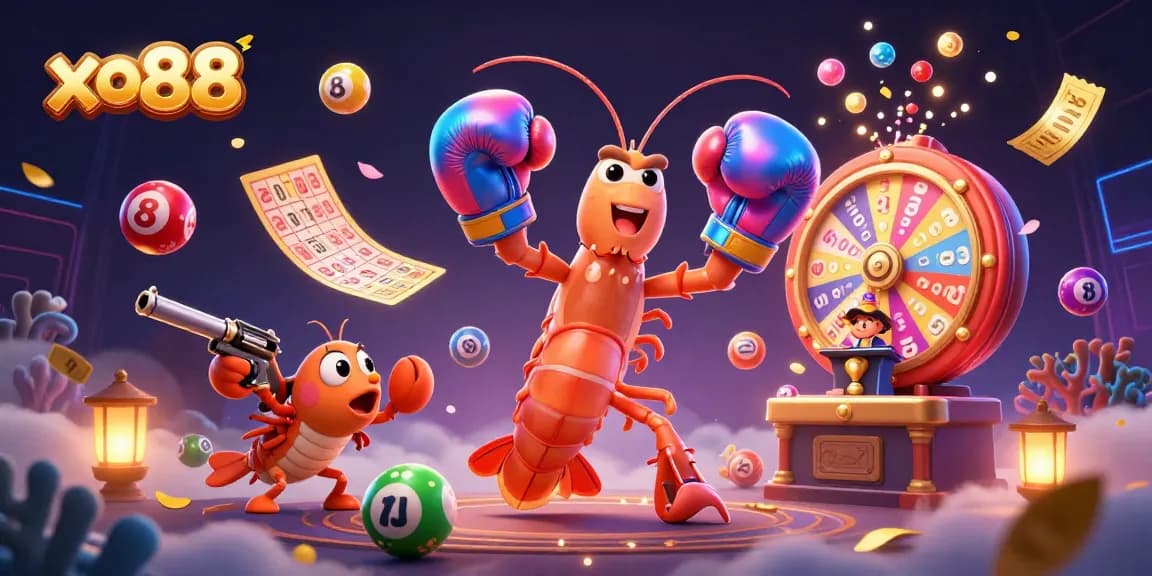 Join the excitement at xo88 with dynamic lottery balls, colorful prizes, and vibrant casino characters!