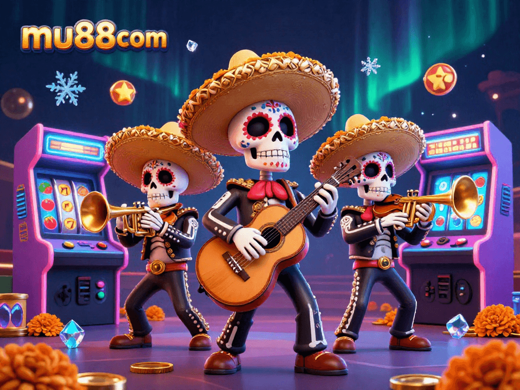 Engage with exciting gaming adventures on mu88com featuring vibrant Day of the Dead mariachi characters.