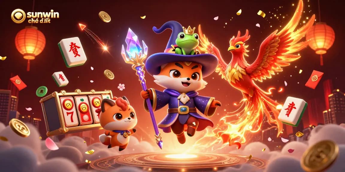 Engage with the vibrant world of sunwin chính thức, showcasing a mystical fox wizard amidst exciting slot reels and dynamic game elements.