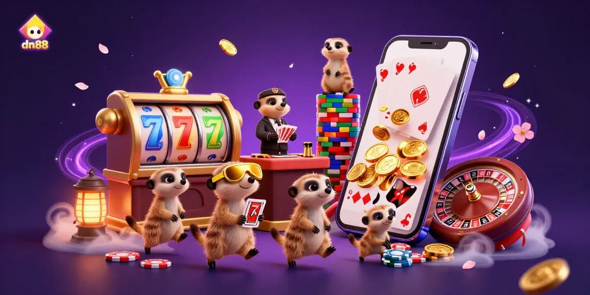 Celebrate gaming wins with dn88's vibrant meerkat casino scene filled with slots and excitement.