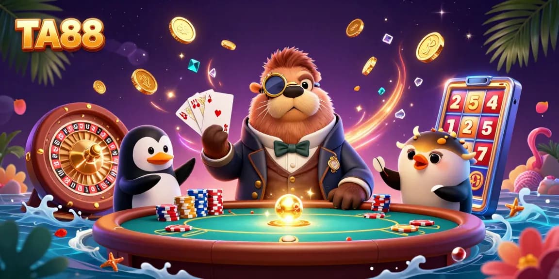 Engage with TA88’s vibrant underwater poker scene featuring a jolly walrus and dealer penguin.