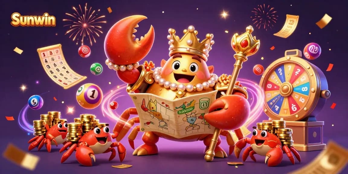Engage with Sunwin's gaming adventure featuring a golden crab emperor amidst vibrant casino elements.