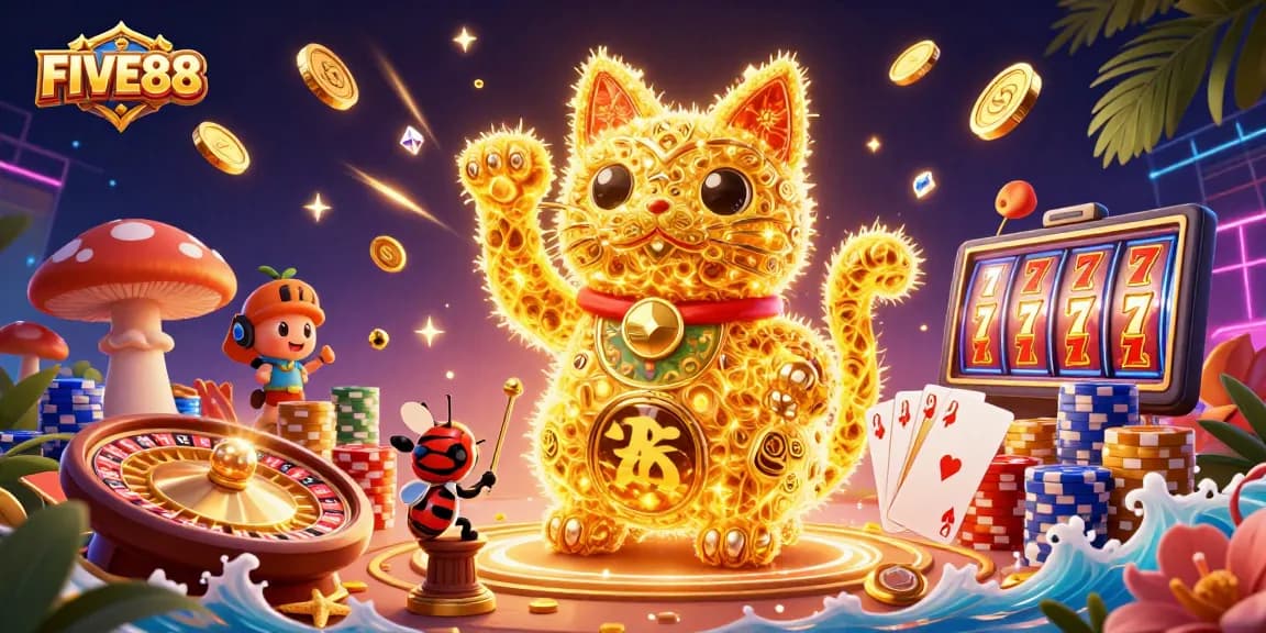 Experience the luck of FIVE88 with vibrant casino illustrations and dynamic gaming elements.