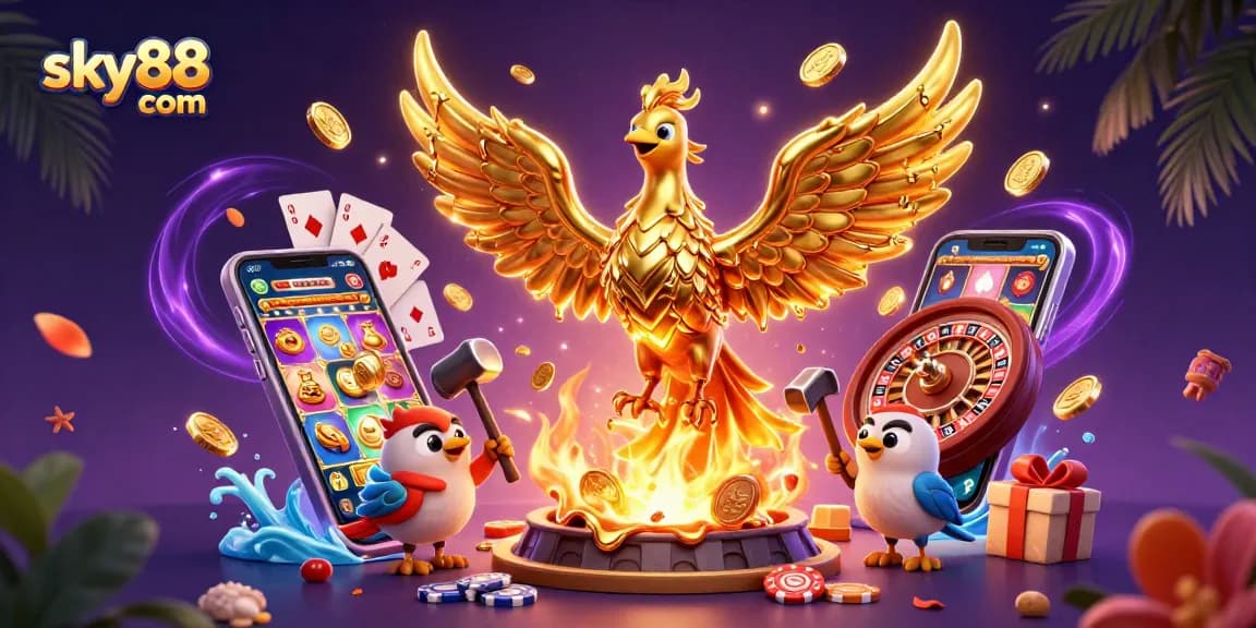 Experience thrilling gaming at sky88 com with vibrant casino elements and a majestic golden phoenix.