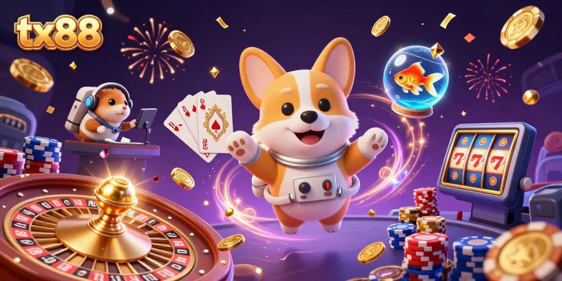 Engage in thrilling moments with tx88 at a vibrant space station casino featuring a corgi and hamster.