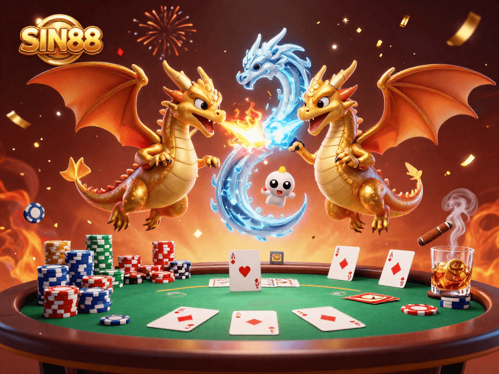 SIN88 ignites excitement with twin dragons battling in a vibrant casino scene full of poker elements.