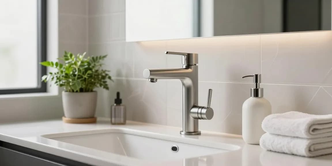 Stijlvolle design gunmetal kraan in moderne badkamer met elegante accessoires en natuurlijke verlichting.
