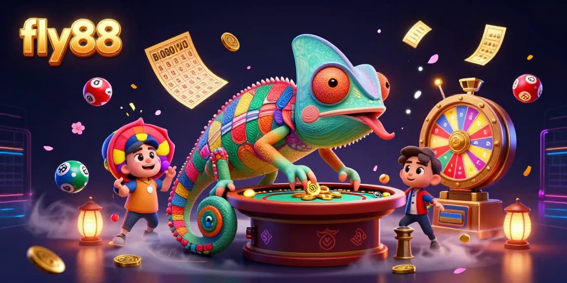 Experience the excitement of fly88 as a colorful chameleon casino owner captures golden coins and lottery balls.