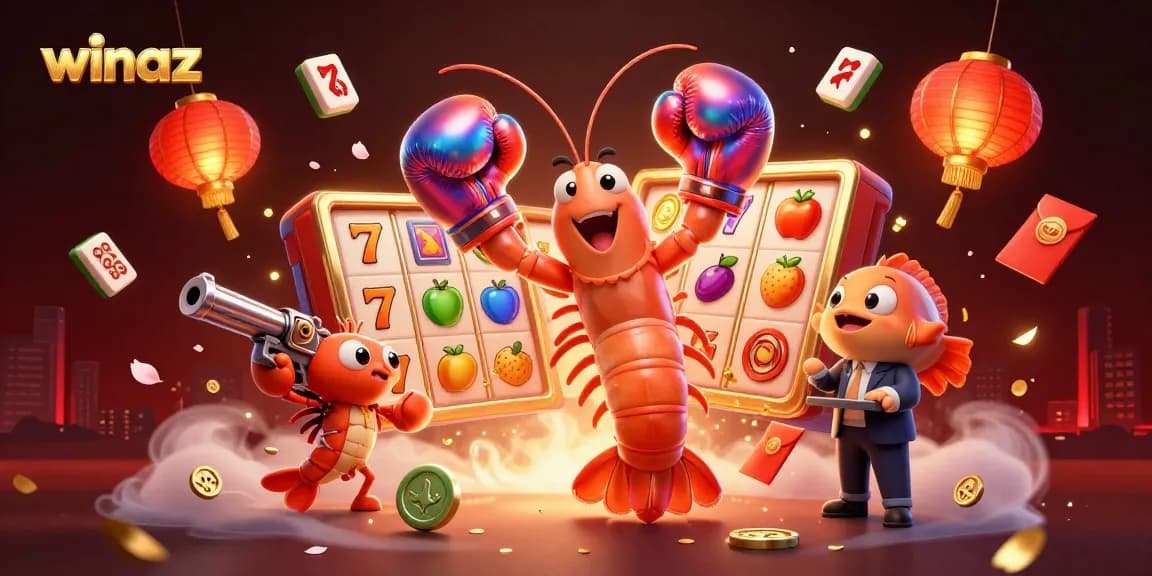 Experience the thrilling action at winaz with vibrant slot reels and dynamic characters in a lively casino atmosphere.