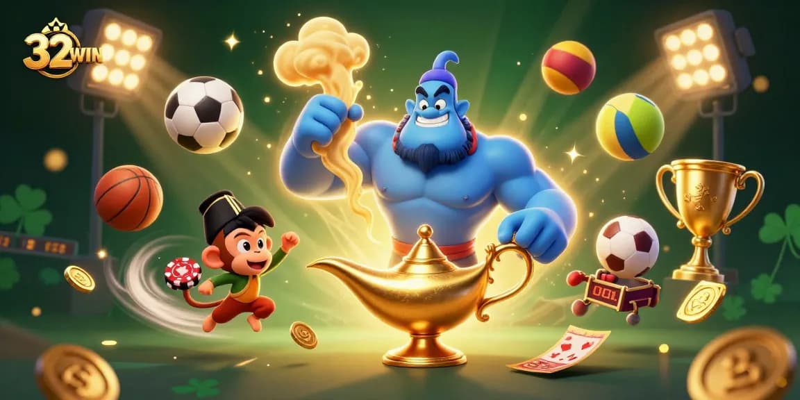 Win big at 32WIN with the magic of gambling, featuring a genie and dynamic sports elements