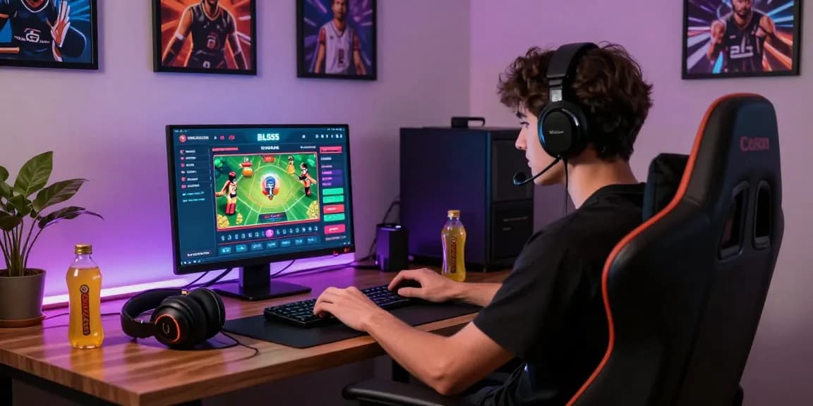 Engaged player utilizing the BL555 online gaming platform on a sleek laptop, surrounded by gaming essentials in a modern home office setting.