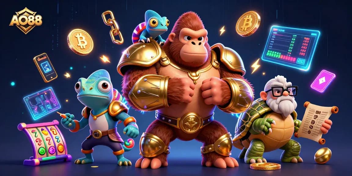 AO88: Engage in thrilling slot action with a powerful gorilla king and colorful casino elements.