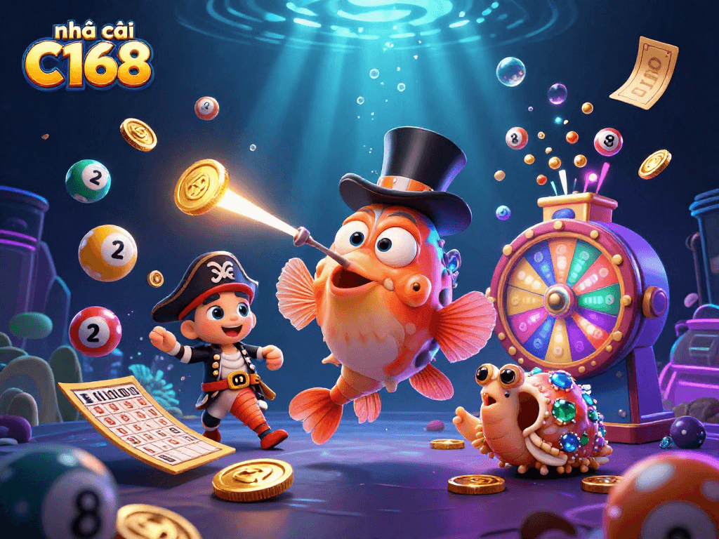 Experience vibrant winning moments with nhà cái C168 featuring animated sea creatures in a lively casino scene.
