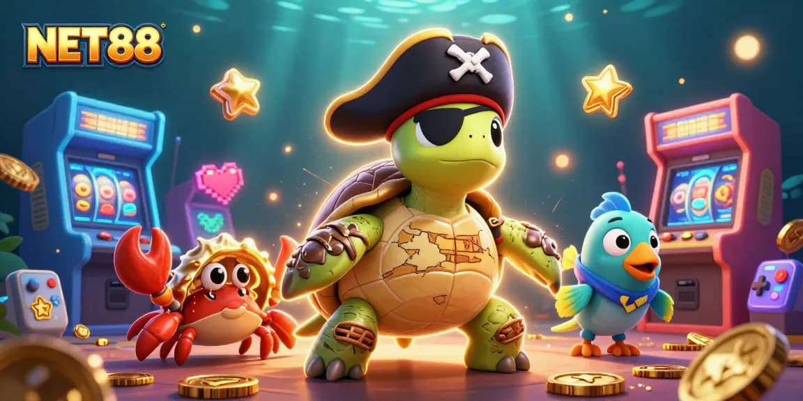 Engage with NET88, a vibrant casino illustration featuring a pirate turtle amid shining slots and golden treasures.