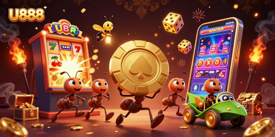 U888 ants executing a dazzling heist, showcasing exciting casino elements with vibrant energy.
