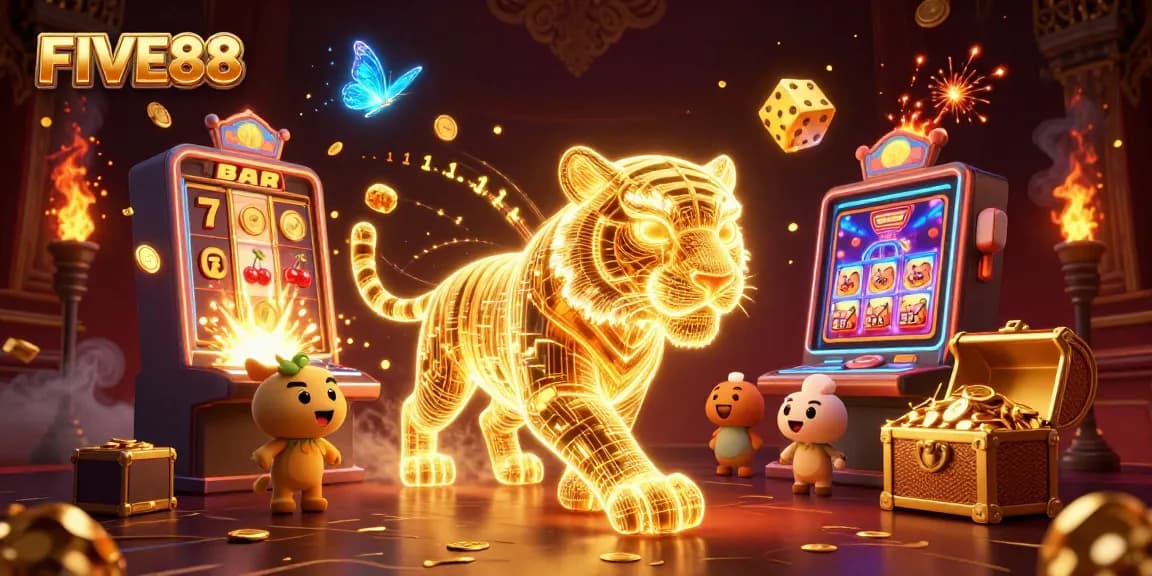 Engage in thrilling casino adventures with FIVE88 featuring a neon tiger and vibrant gaming elements.