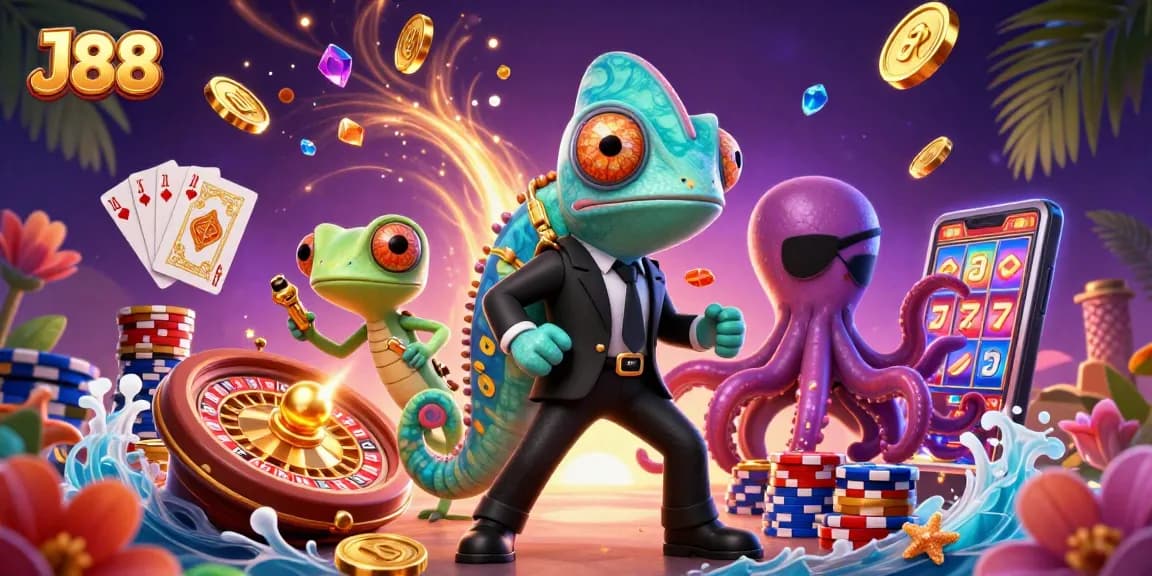 Experience thrilling J88 casino action with a vibrant 3D illustration featuring slots and cards.