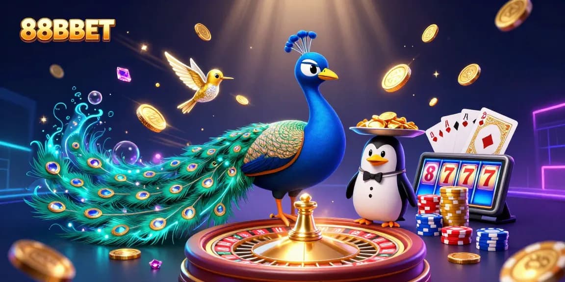 Experience a vibrant and energetic scene at 88BBET casino, featuring a peacock, penguin, and hummingbird.