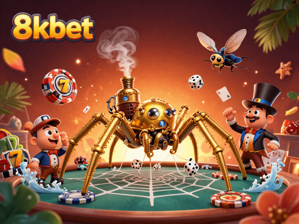 Experience thrilling games at 8kbet with a golden steampunk spider and poker elements.