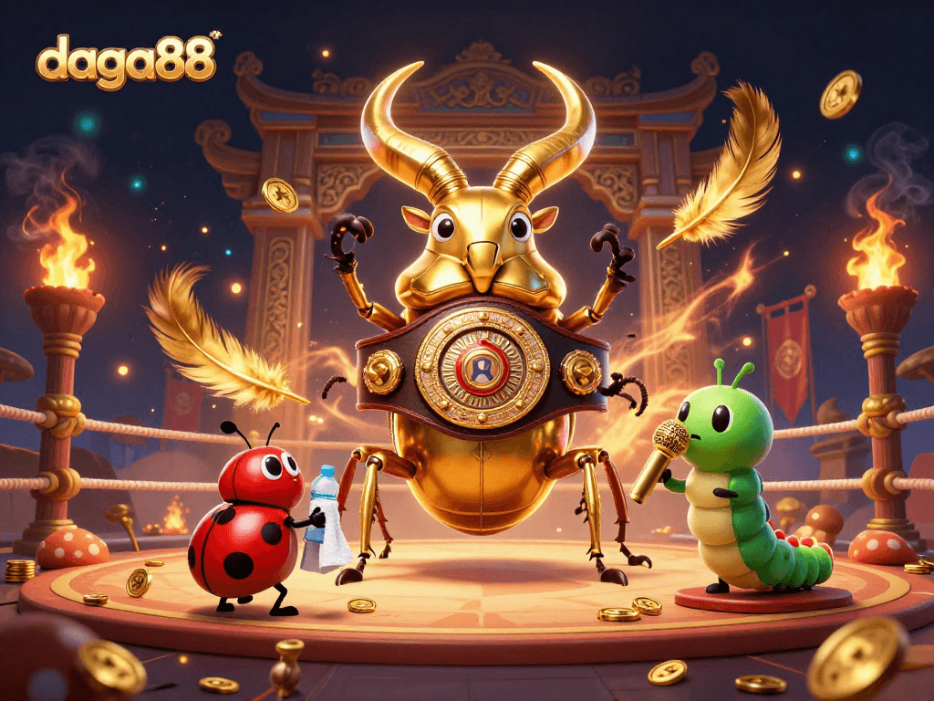 Dive into daga88's thrilling arena with a giant beetle champion and lively betting action in a vibrant scene.