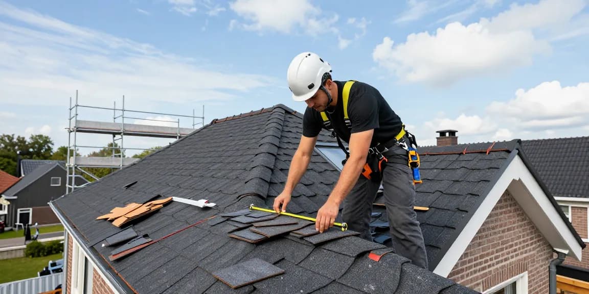 Professional dakdekker den haag inspecting residential roof with safety gear and tools.