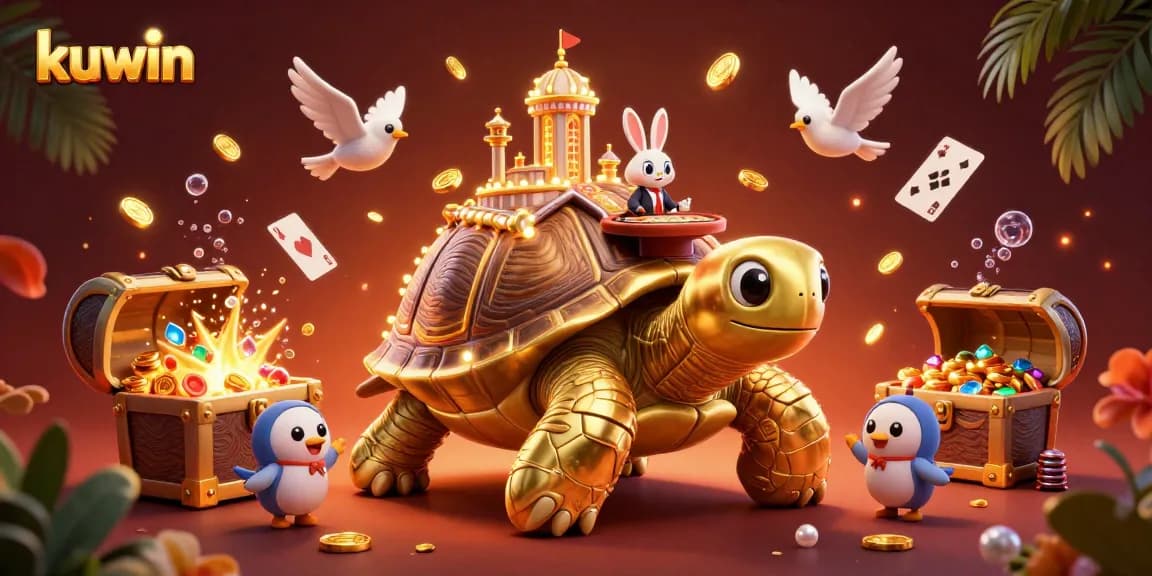 Kuwin delivers exciting casino fun with a golden tortoise casino and rabbit dealer amidst treasure and floating cards.