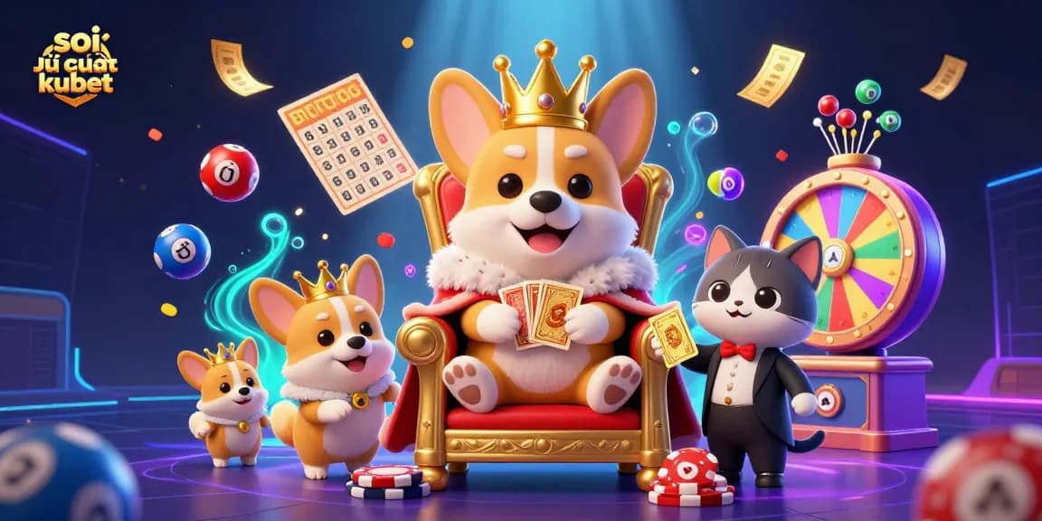 Soi cầu kubet session with a royal corgi king surrounded by lottery balls and dynamic game elements.