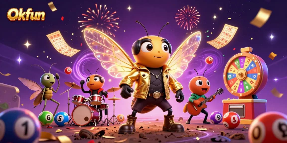 Okfun brings excitement with a rock star cicada, colorful lottery elements, and festive atmosphere!