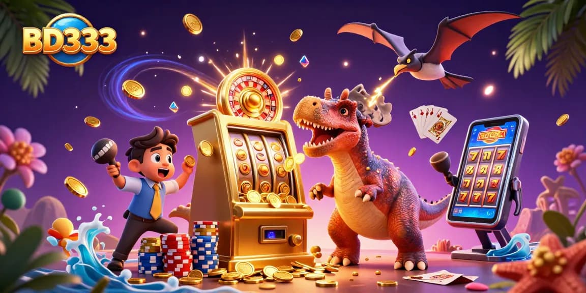 BD333 engages players with a thrilling scene of a dinosaur winning jackpots in a lively casino.