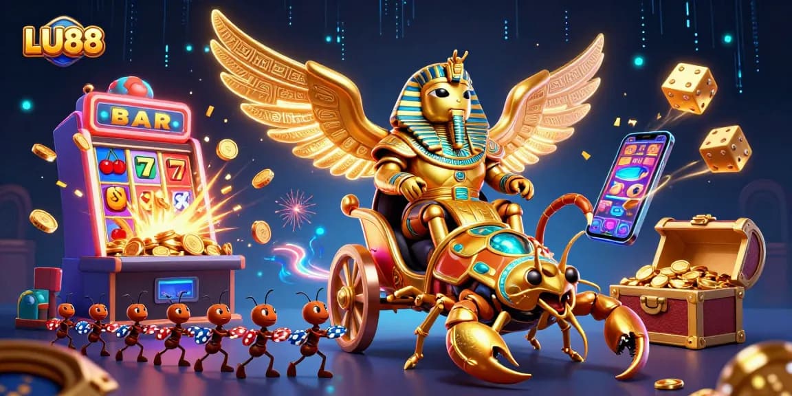 LU88 captures an exciting casino experience with golden beetles and jackpot symbols in a vibrant 3D scene.