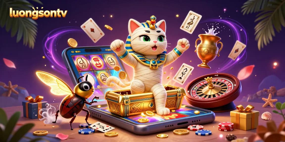 Join the excitement at luongsontv as a colorful Egyptian mummy cat bursts from a golden sarcophagus in this dynamic gambling scene.