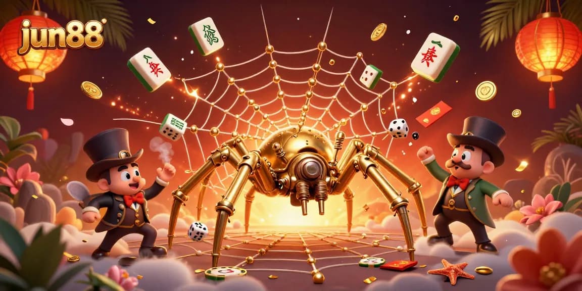 Experience thrilling gameplay at jun88 with a captivating 3D illustration of a golden spider and poker elements.
