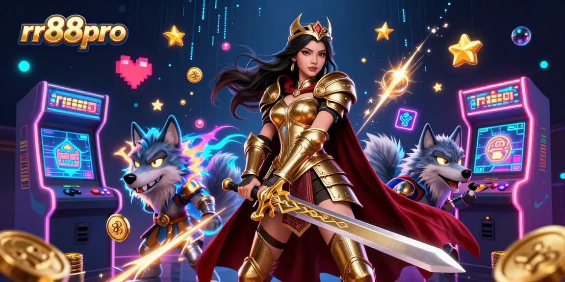 Engage with the thrilling world of rr88pro featuring a warrior queen and glowing wolf in a vibrant casino.