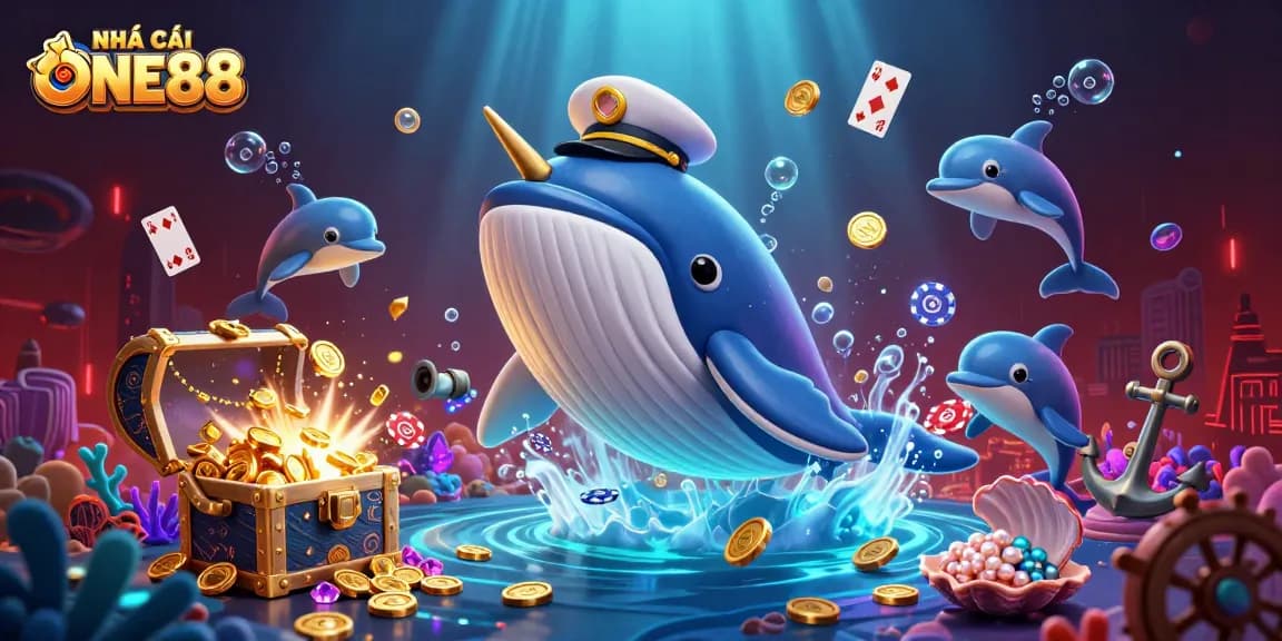 Experience the allure of NHÀ CÁI ONE88 with playful dolphins and a mighty whale amidst sparkling treasures and poker elements.